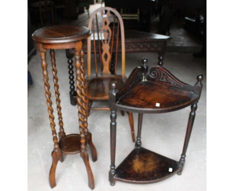 A Windsor chair, 20th century, an oak plant stand, a two tier bow front corner table