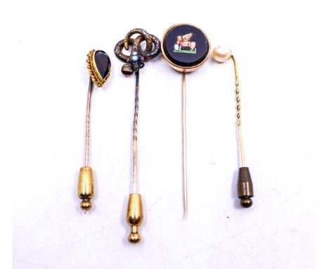 A Selection of Tested 9ct Gold Stick Pins. Four altogether.  To include a Tested 9ct Gold Italian Micro-mosaic Stick Pin on a