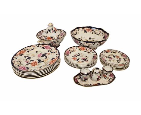 Masons blue "Mandalay" Ironstone" to include six pates, six side plates, six bowls, Condiment set, Tureen and large bruges bo