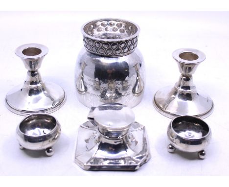 Selection of Silverware.  To include; a Silver Beaker, Pair of Silver Salts, Silver Weighted Inkwell and a Pair of Silver Wei