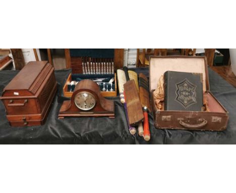 A quantity of various items to include; an antique sewing machine, x4 vintage cricket bats, a Victorian leather bound bible, 