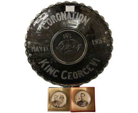 A pressed glass dish commemorating the Coronation of King George VI 1937, 24.5cm diameter and two white metal compacts with i