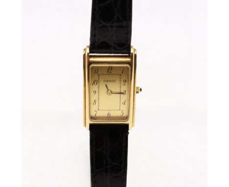 Ladies Tissot 14ct Gold Quartz Watch with Black Leather Strap with Original Watch Box and Booklets.  The rectangular shaped w