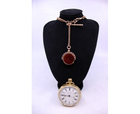 18ct Gold Centre Seconds Chronograph Pocket Watch Engraved (Glass loose) and 9ct Rose Gold Albert Chain with Bloodstone Jaspe