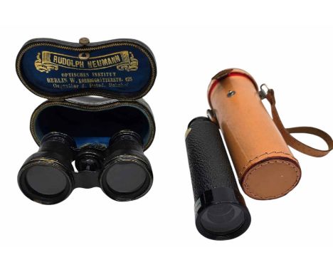 A Rudolph Neumann - cased opera glasses and an Apollo Achromatic coated lens pocket telescope and case.