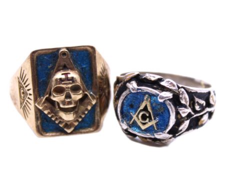 Two Masonic Rings.  To include; an Unmarked Yellow Metal Skull Square and Compass Blue Enamel Ring and a Sterling Silver Blue