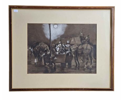 A  Watercolour and pastel painting depicting cart and carriage horses drinking from a trough as two paper boys look on. Early