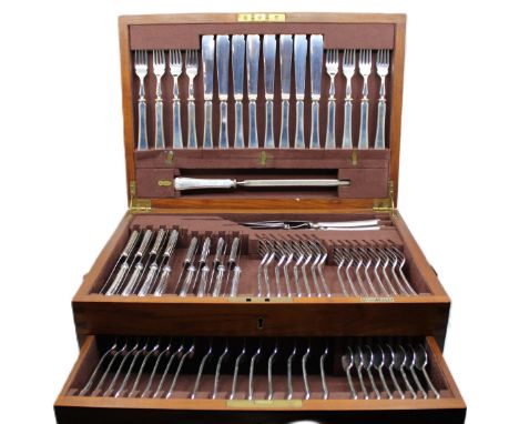 Mappin & Webb Sheffield Seventy-Eight Pieces (78) Sterling Silver Cutlery in a Wooden Cutlery Box Consists of; Eight Fish For