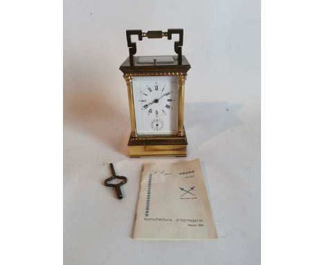 A mid 20th century, 8 Day, French, Brass, Repeating Strike, 11 Jewell, Carriage Clock With Alarm Function. Complete with wind