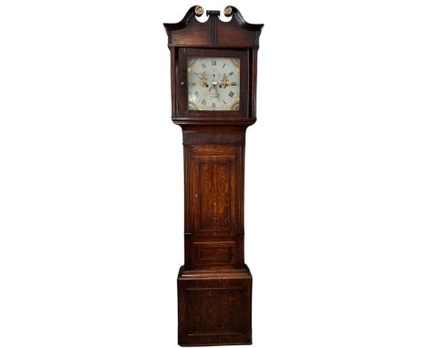 a George III oak longcase clock, the painted dial inscribed Jn Minshull, Bangor, seconds hand and date aperture, the oak case