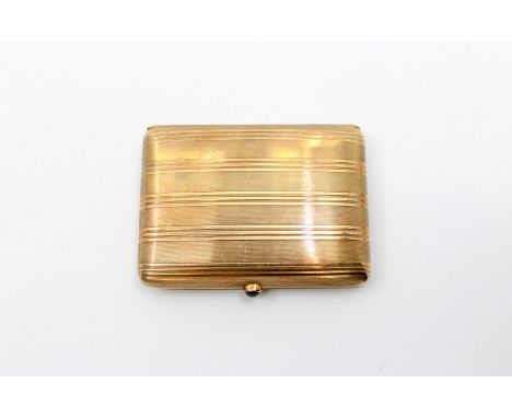 "585" Stamped Engine Turned Decoration Cigarette Case with Oval Cabochon Greenish-Blue Stone Clasp. The Cigarette Case is hal