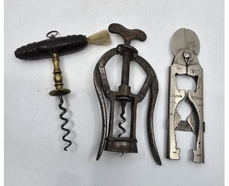 A 19th century Henshall type direct pull corkscrew. A wooden handle with small hanging loop and intact dusting brush. Brass s