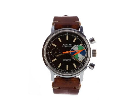 GENTLEMAN'S YACHTING CHRONOGRAPH CHROME PLATED MANUAL WIND WRIST WATCH,the round black dial with lume hour markers, segmented