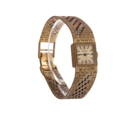 LADY'S SANDOZ NINE CARAT GOLD MANUAL WIND WRIST WATCH,the square champagne dial with applied baton hour markers, 14mm case, o