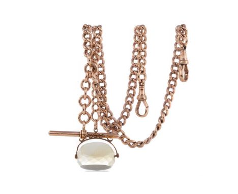 GOLD DOUBLE ALBERT CHAIN WITH SWIVEL FOB,45cm long, with double dog clips, attached T-Bar and citrine swivel fob, in nine car