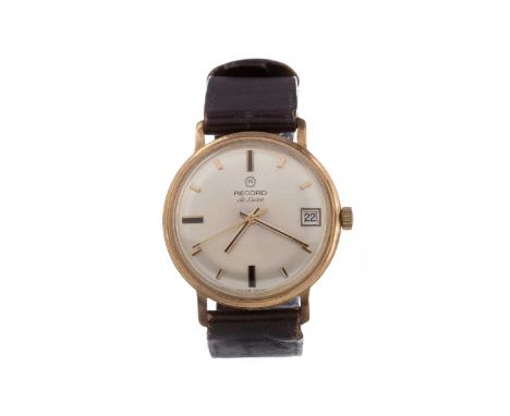 GENTLEMAN'S RECORD DE LUXE NINE CARAT GOLD MANUAL WIND WRIST WATCH,the round champagne dial with applied baton hour markers, 