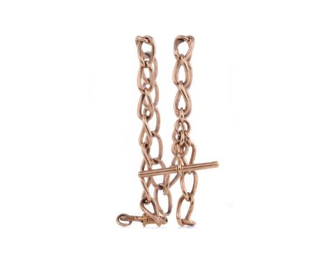 ROSE GOLD ALBERT CHAIN,formed by oval links, 36cm long, with attached T-Bar, and dog clip, in nine carat gold, 38.6gCondition
