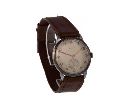 GENTLEMAN'S CYMA MANUAL WIND WRIST WATCH,the round cream dial with Arabic hour markers, 32mm case with personal inscription t