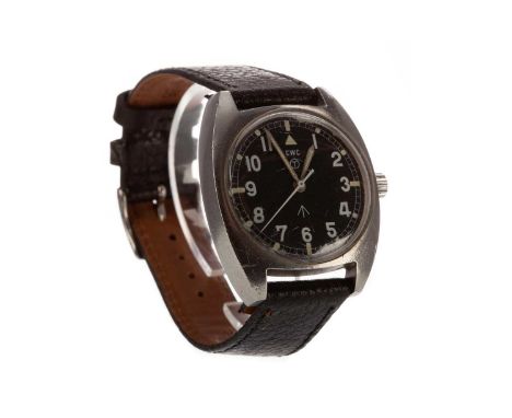GENTLEMAN'S CWC MILITARY 1979 STAINLESS STEEL MANUAL WIND WRIST WATCH,the round black dial with Arabic and tritium markers, b