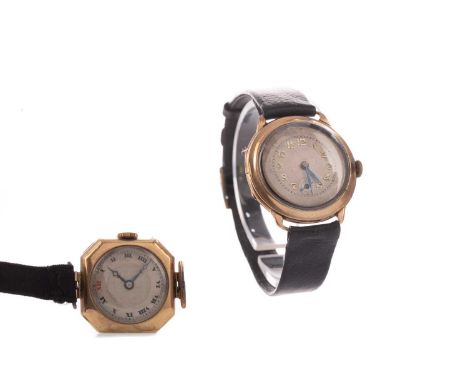 TWO LADY'S NINE CARAT GOLD CASED MANUAL WIND WRIST WATCHES,one on a black leather strap, the other on a black fabric strap, e