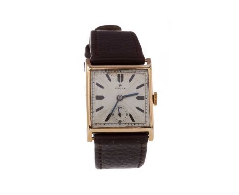 AMENDMENT: THIS IS NINE CARAT GOLDGENTLEMAN'S ROLEX ART DECO MANUAL WIND WRIST WATCH,the square dial with brushed and polishe