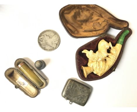 A collection of vintage items including a Silver hallmarked Vesta case, a cased pipe, a silver hallmarked Corbridge thimble, 