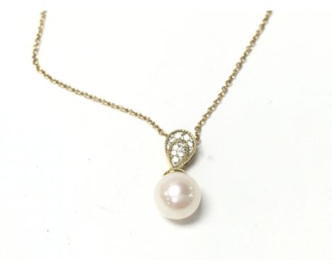 9ct yellow gold pearl necklace with an inverted pear shaped diamond set bale. Diamonds 0.08ct 2.77g