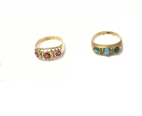 Two 18ct gold Edwardian rings set with gems. Size K and K 1/2. 4.49gPostage A