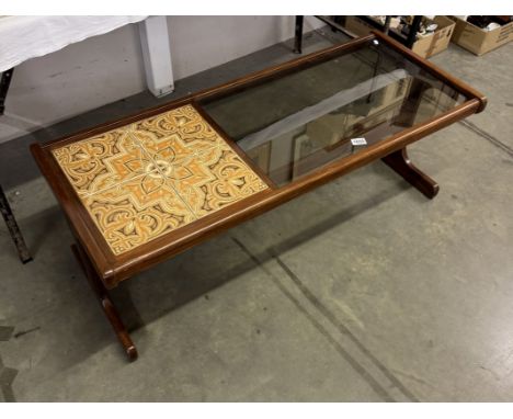 A retro long coffee table with smoked glass &amp; tile top. (G-Plan)