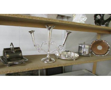 A mixed lot of silver plate including Walker &amp; Hall tea caddy, cheese dish, tray etc.,