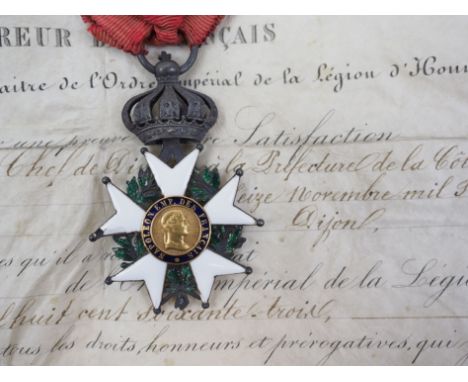 Frankreich: Orden der Ehrenlegion, 8. Modell (1852-1870), Ritterkreuz mit Urkunde für den Chef der Präfektur Côte-d'Or.Silber