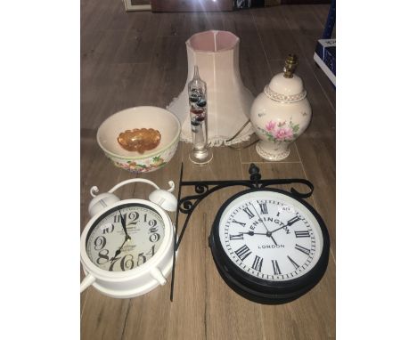 SHELF LOT OF WALL BRACKETS CLOCKS POT LAMP AND SHADE ETC