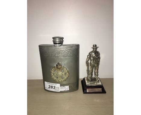 2ND KING EDWARDS 7TH OWN GURKHA RIFLES CAST METAL FIGURE AND PEWTER HIP FLASK