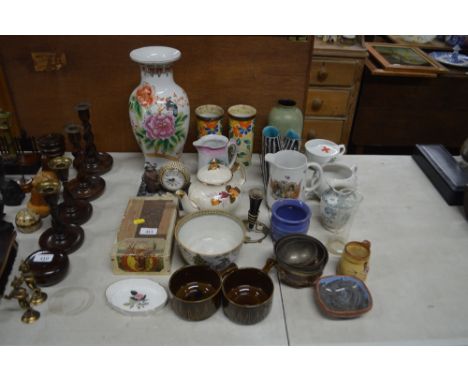 An oriental style vase; a pair of Art Deco vases; commemorative jug; teapot etc. 