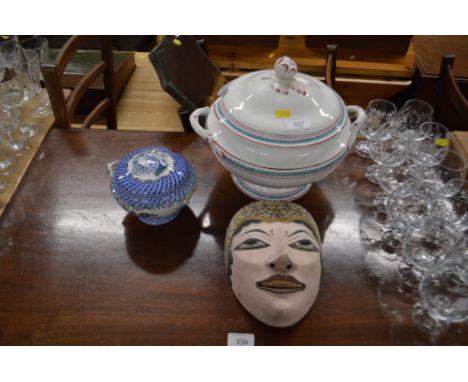 A late Victorian china tureen and cover; an oriental face mask; and a sucrier AF