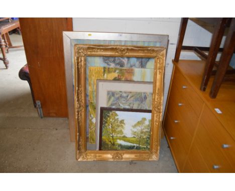A large gilt picture frame; together with a modern oil on canvas portrait study of a lady; another of a boating scene etc. 