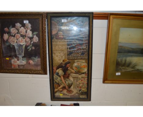 A gilt framed pears print of a seated girl looking at a goldfish bowl