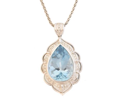 An 18ct gold aquamarine and diamond pendant, the pear shape aquamarine weighing approx. 16cts within a brilliant cut diamond 