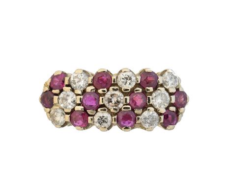 A ruby and diamond cluster ring, the circular shape ruby and brilliant cut diamond cluster with tapered shoulders, estimated 