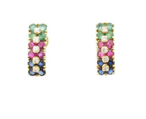 A pair of vari gem earrings, each designed as a brilliant cut diamond line with circular shape emerald, ruby and sapphire sid