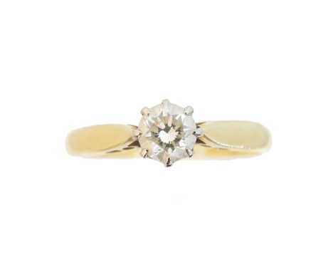 An 18ct gold diamond single stone ring, the brilliant cut diamond weighing 0.38ct, stamped to band, estimated colour I-J, est