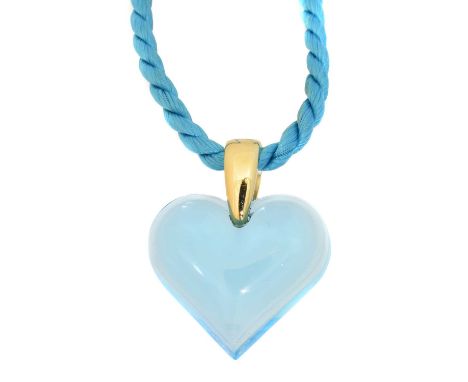 A Lalique 'Amoureuse Beaucoup' pendant, the blue glass heart suspended from a tapered surmount and satin cord, signed Lalique