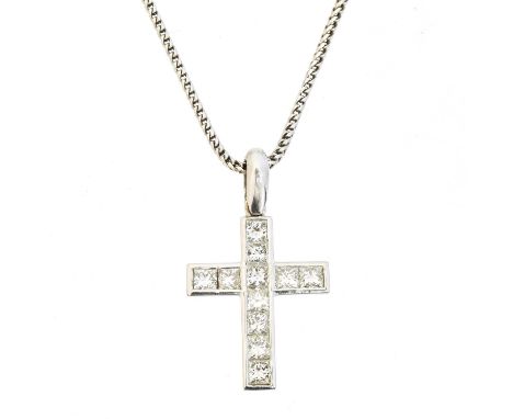An 18ct gold diamond cross pendant, the square cut diamond cross with polished surmount, suspended from a fancy link chain, e