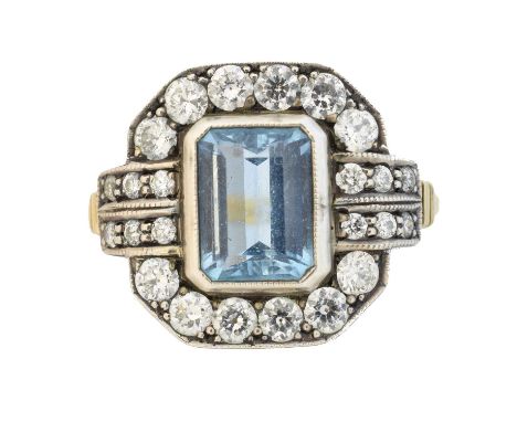 An aquamarine and diamond dress ring, the rectangular shape aquamarine weighing approx. 1.50cts within a brilliant cut diamon