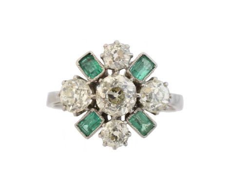 An emerald and diamond cluster ring, the old cut diamond quatrefoil with rectangular shape emerald accents, estimated total d