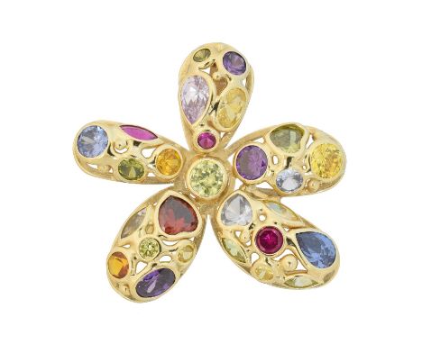 A gem-set floral pendant, the vari shape gemstones including synthetic ruby and paste inset to the openwork floral pendant, s