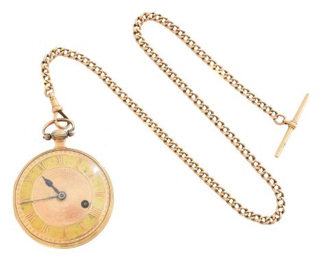 A George III 18ct gold open face pocket watch, with roman numeral hour markers and outer minutes track, verge fusee movement 