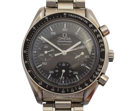 A stainless steel Omega Speedmaster automatic wristwatch, cal. 3220, the black signed dial with three subsidiary dials, lumin
