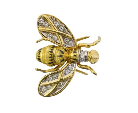 An 18ct gold diamond and enamel bug brooch, of bi-colour design, with vari cut diamond wings and collar, and vari-shade ename