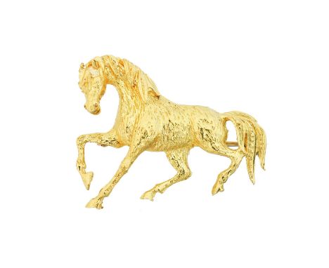 An 18ct gold brooch, designed as a horse with textured coat, import marks for Edinburgh, length 3cm, gross weight 5.3g.Condit